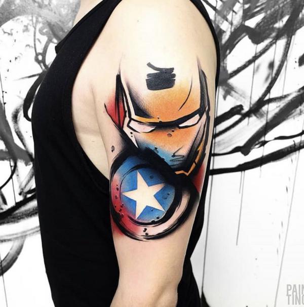 Watercolor captain america shield tattoo