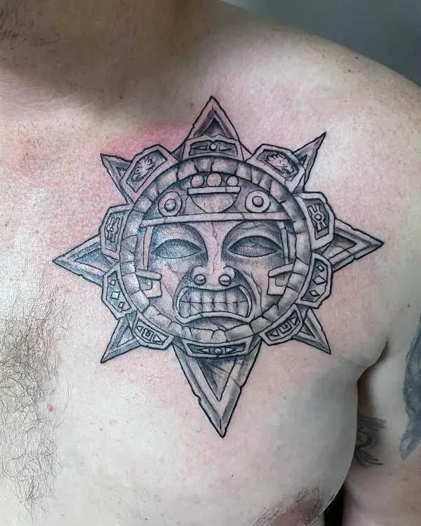 aztec sun chest tattoo for men