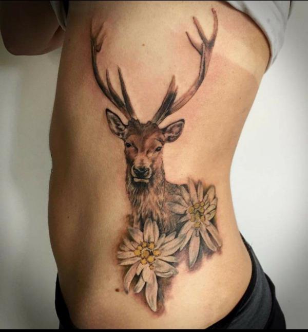 edelweiss and deer tattoo on rib cage