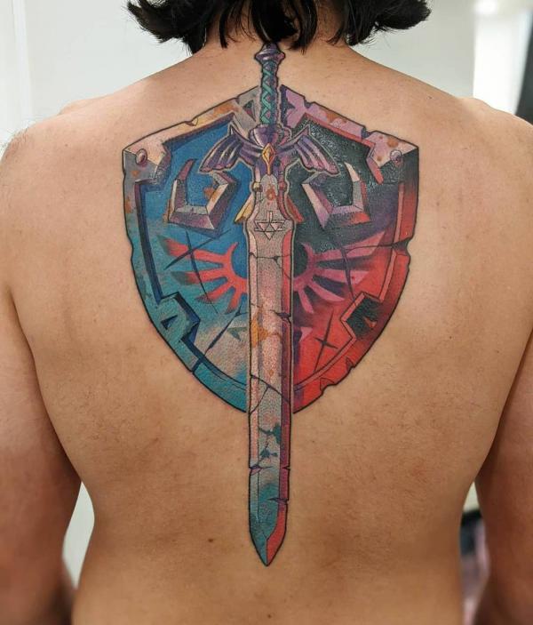 hylian shield and sword tattoo back