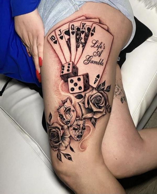 laugh now cry later with cards and dices tattoo