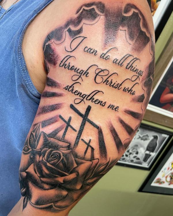 philippians 4 13 Bible verse with three crosses and rose tattoo