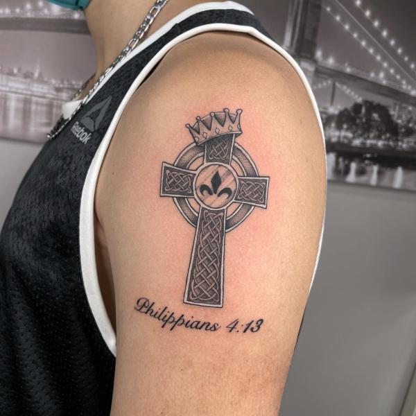 philippians 4 13 and celtic cross with crown tattoo