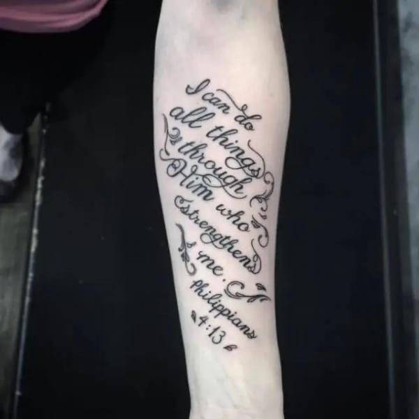 philippians 4 13 bible verse tattoo on inner forearm