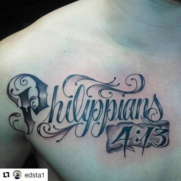 philippians 4 13 lettering tattoo chest