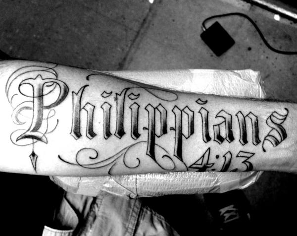 philippians 4 13 lettering tattoo forearm