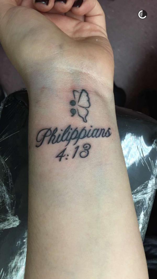philippians 4 13 semicolon butterfly tattoo wrist