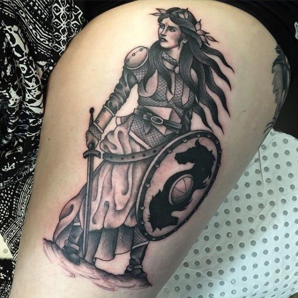 shield maiden tattoo on thigh