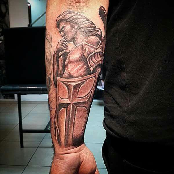 st michael shield tattoo forearm