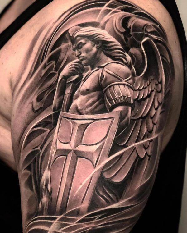 st michael with shield tattoo half sleeve