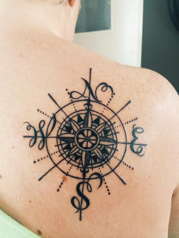 sun and compass tattoo shoulder blade