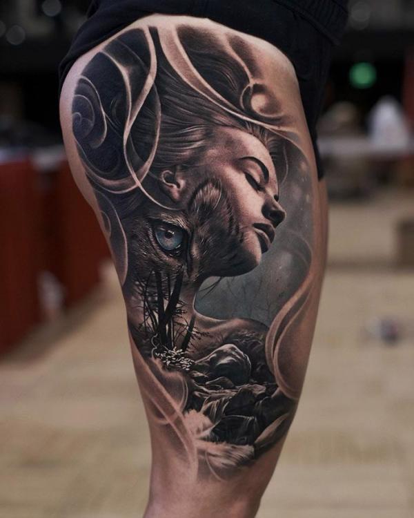 tiger woman tattoo in smoke tattoo thigh