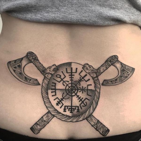 viking axe and shield tattoo low back