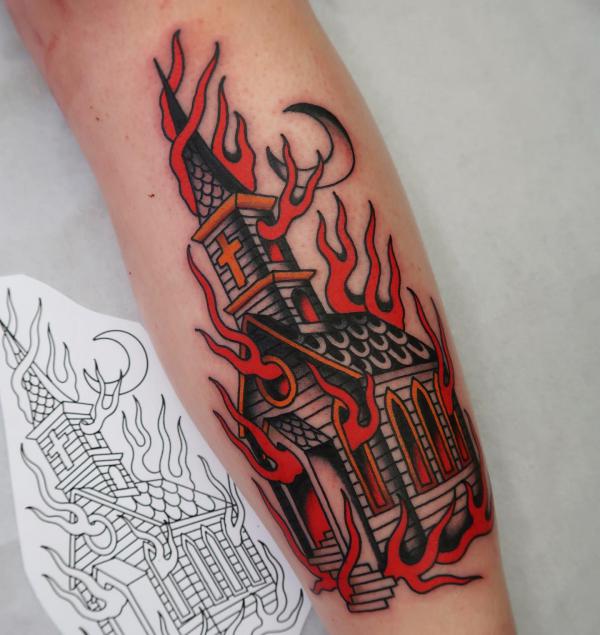 A church in fire tattoo