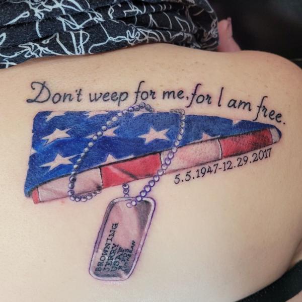 American flag dog tag tattoo with quote Dont weep for me for im gree