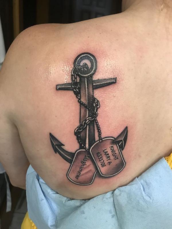 Anchor with dog tag tattoo shouder blade