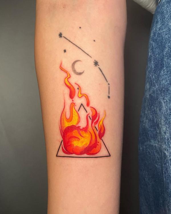 Aries Zodiac constellation with fire tattoo