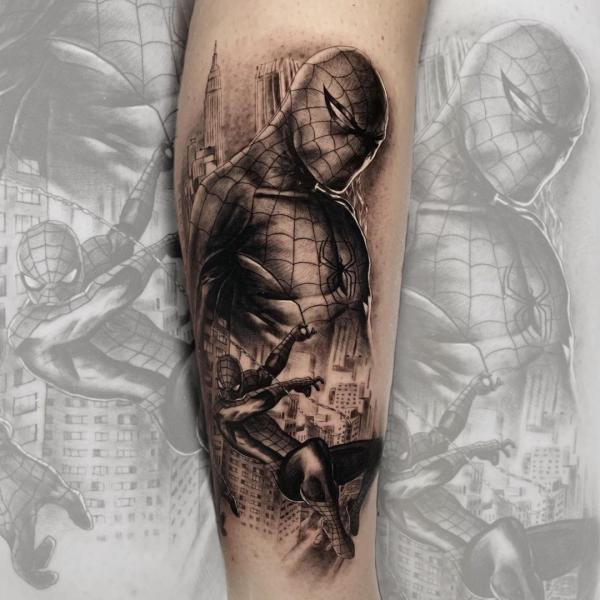 Black and grey spider man tattoo