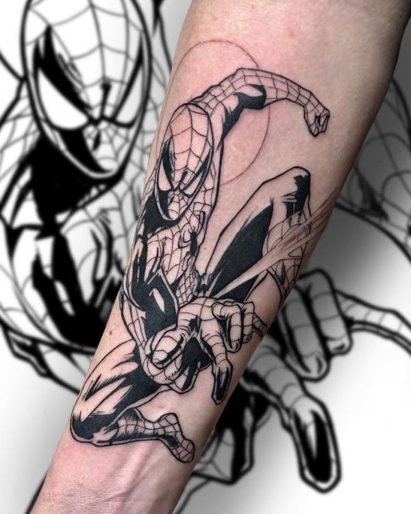 Black and white Spider Man tattoo forearm