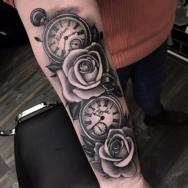Black and white rose and pocket watch tattoo