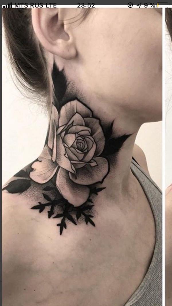 Black and white rose tattoo on neck for women