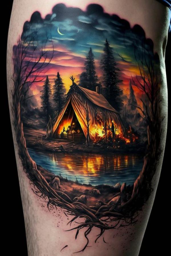 Campfire in forest tattoo