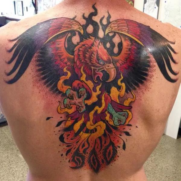 Eagle and flame back tattoo