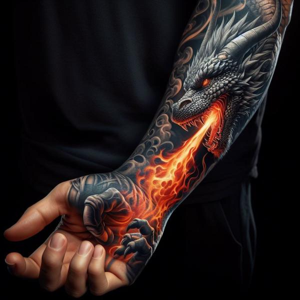 Fire breathing dragon forearm tattoo