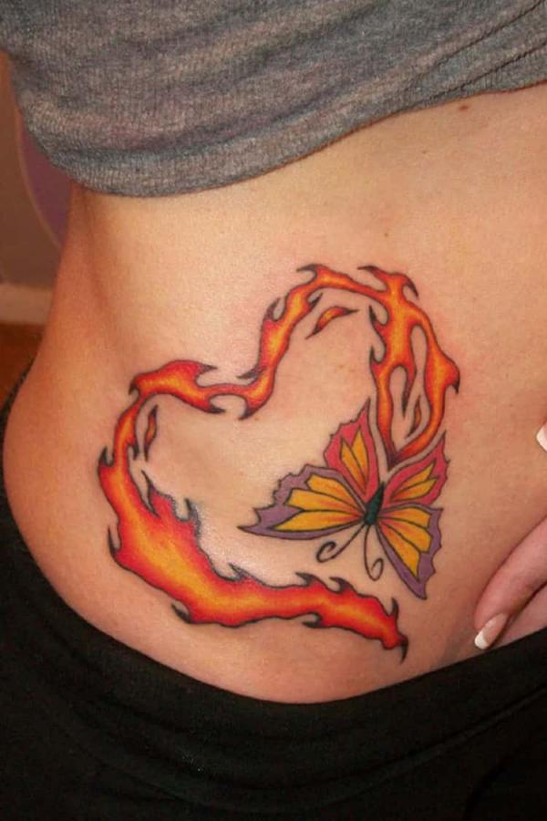 Flame heart with butterfly tattoo
