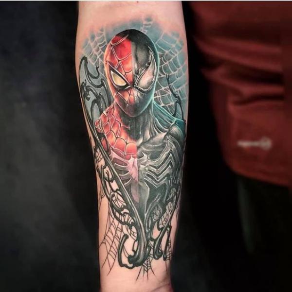 Half red half dark Spider Man tattoo forearm