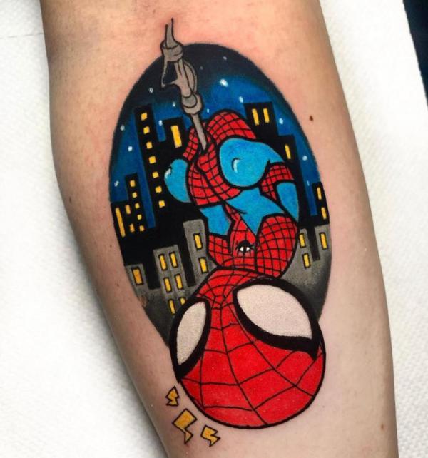 Hanging Spider Man and city tattoo