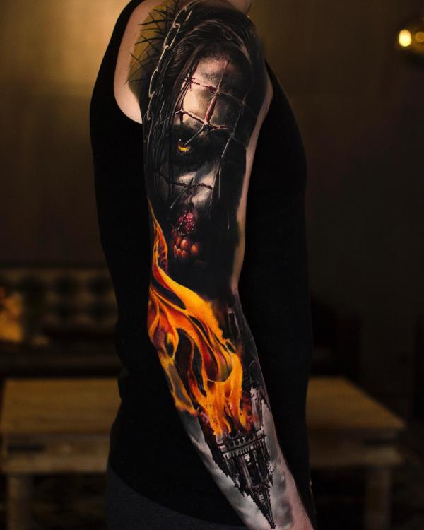 Horror with fire tattoo sleeve