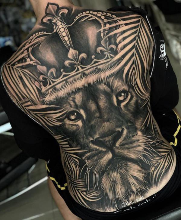 Lion king with crown tattoo full back