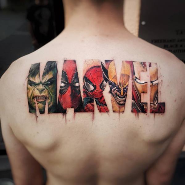 Marvel with spider man tattoo on back