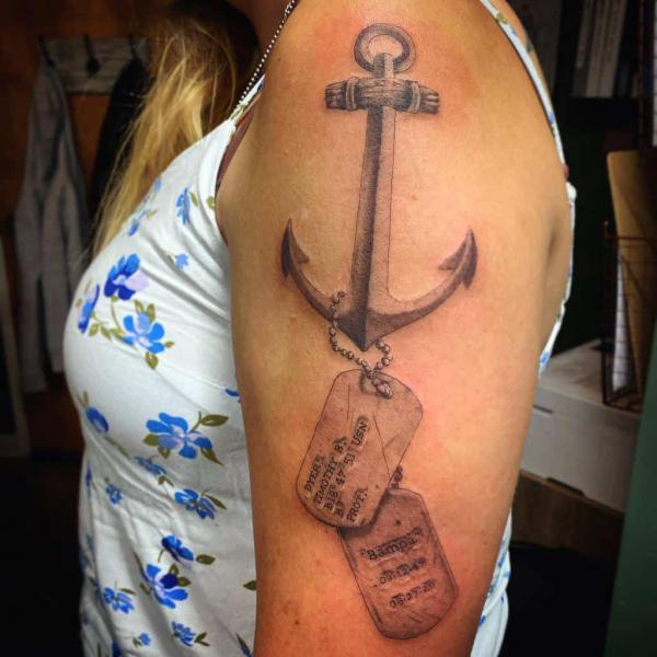 Memorial Anchor with dog tag tattoo half sleeve