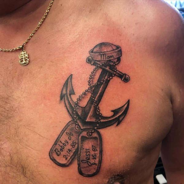 Navy Anchor with dog tag chest tattoo