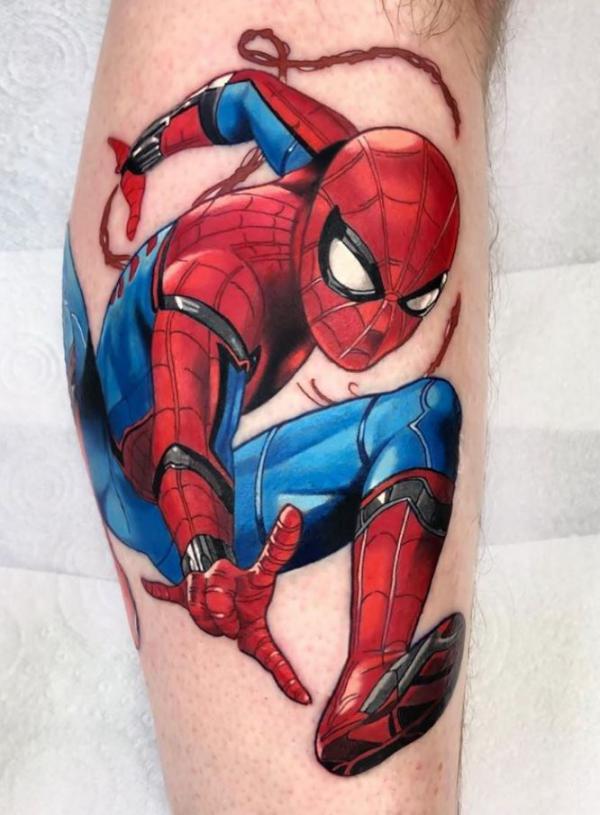 Red and blue Spider Man tattoo