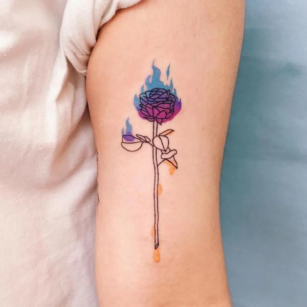 Rose line work with flame tattoo