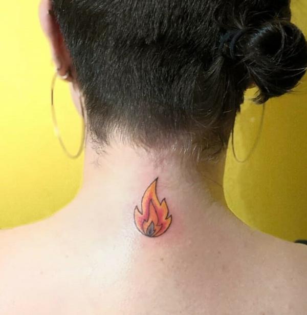 Small flame neck tattoo