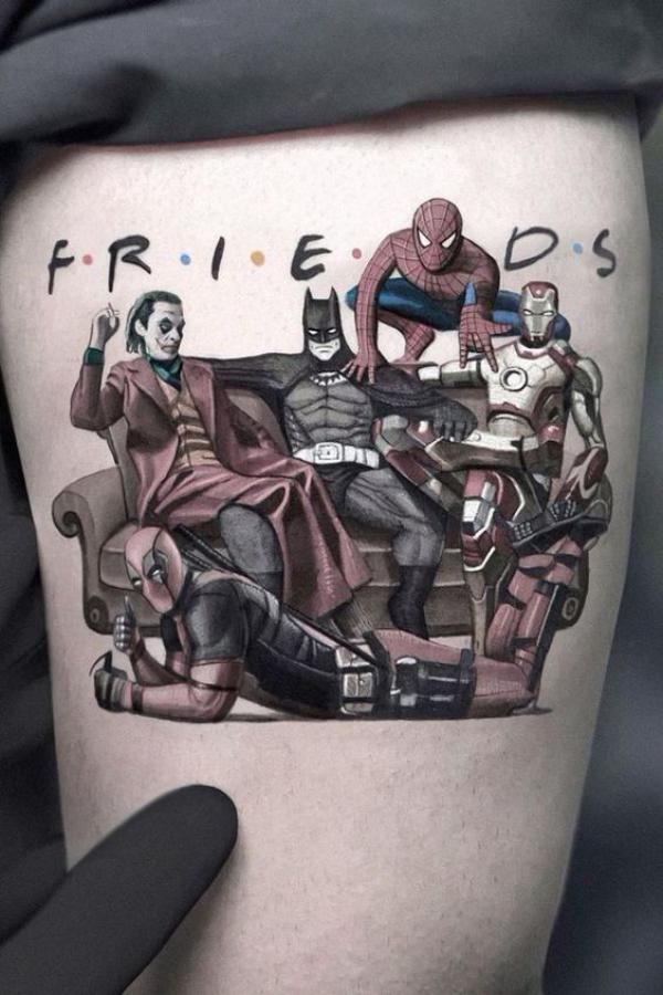 Spider Man batman Iron man and Deadpool friends tattoo