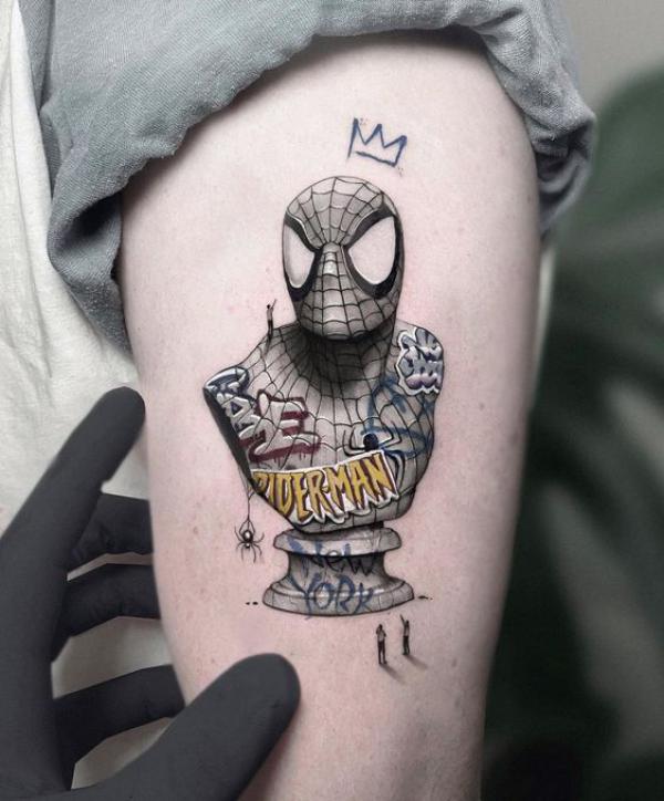 Spider Man statue tattoo black and grey