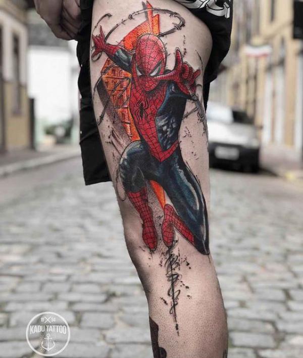 Spider Man tattoo on side thigh