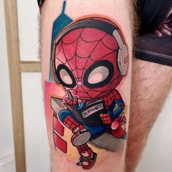 Spider Man thigh tattoo
