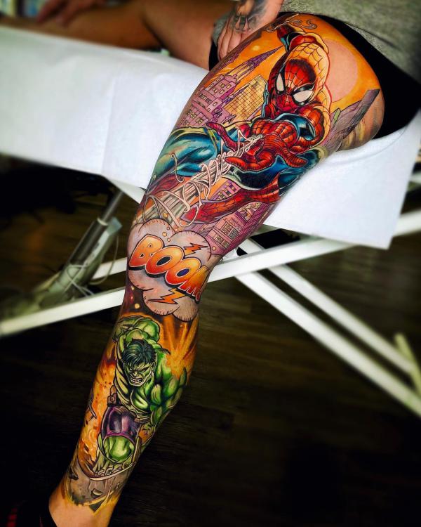 Spider man and hulk tattoo leg