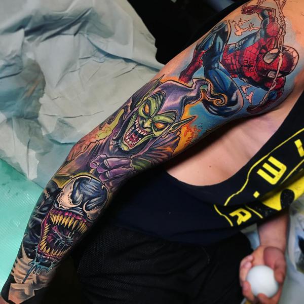 Spider man and venom sleeve tattoo