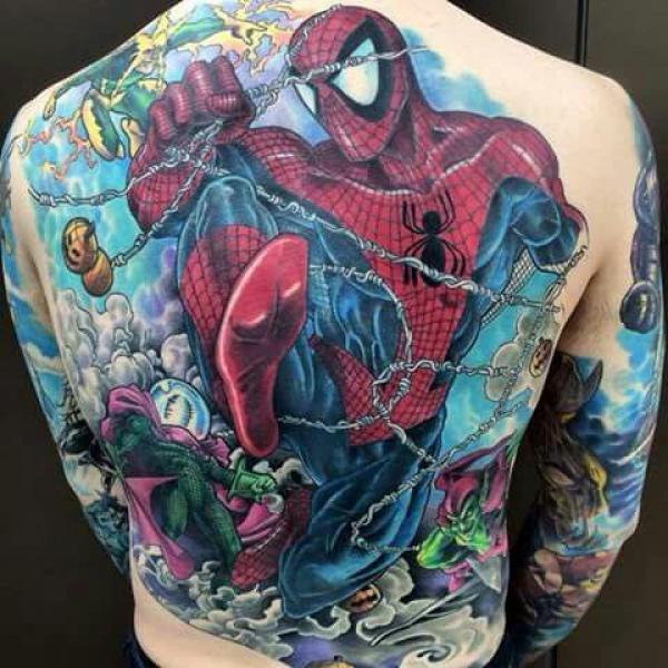 Spider man wrapped with barbed wire tattoo back