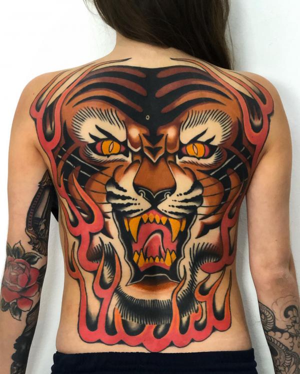 Tiger face in fire full back tattoo