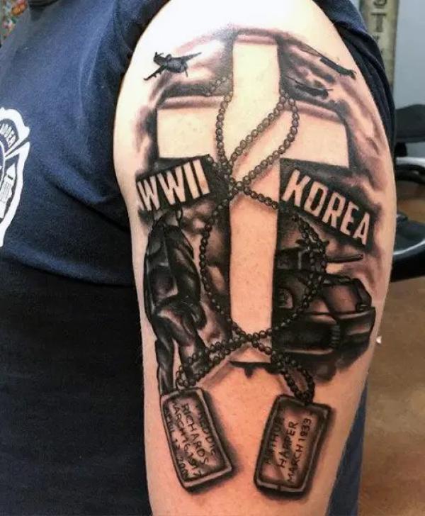 Two dog tags for WWII and Korea Wars tattoo