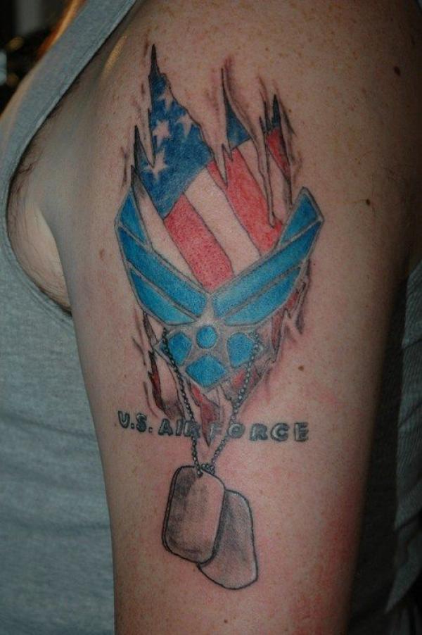 US Air Force dog tag and American flag tattoo