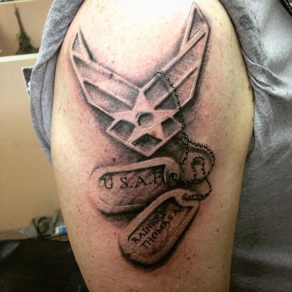 US Air Force dog tag tattoo upper arm